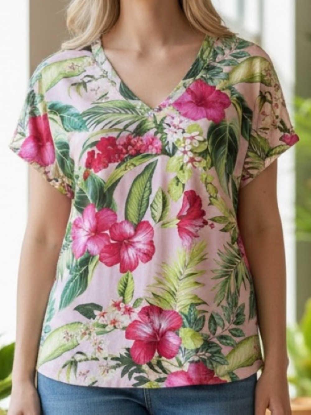 Tommy Bahama Pink Tropical Floral V-Neck Blouse Size Medium